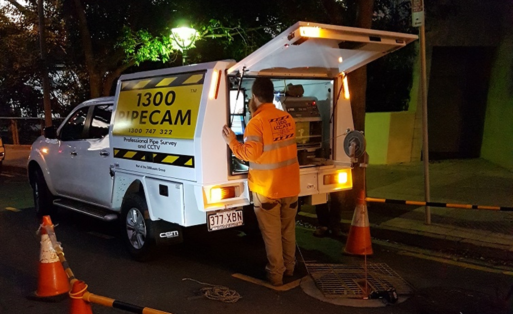 Underground leak detection being conducted at night | Featured image for the Acoustic Leak Detection service page for 1300Locate.